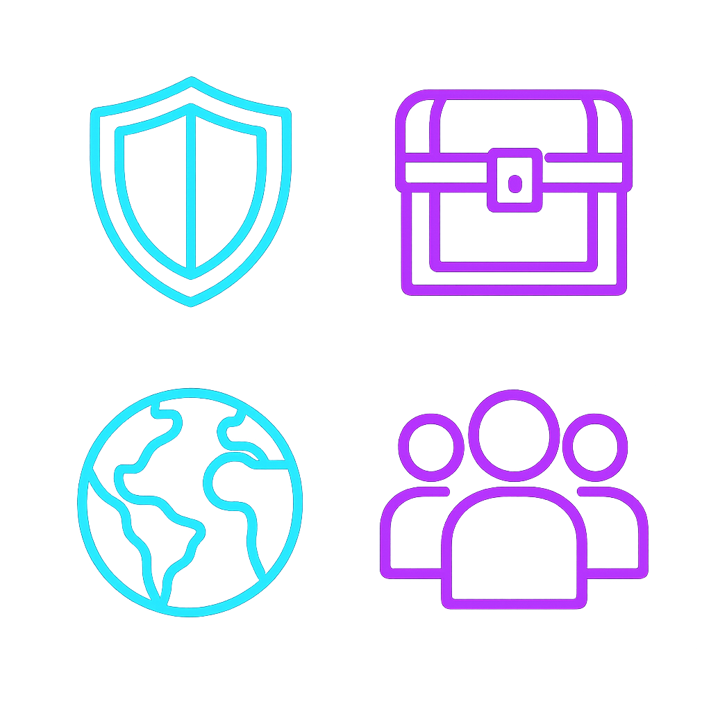 Set of feature icons representing core game systems