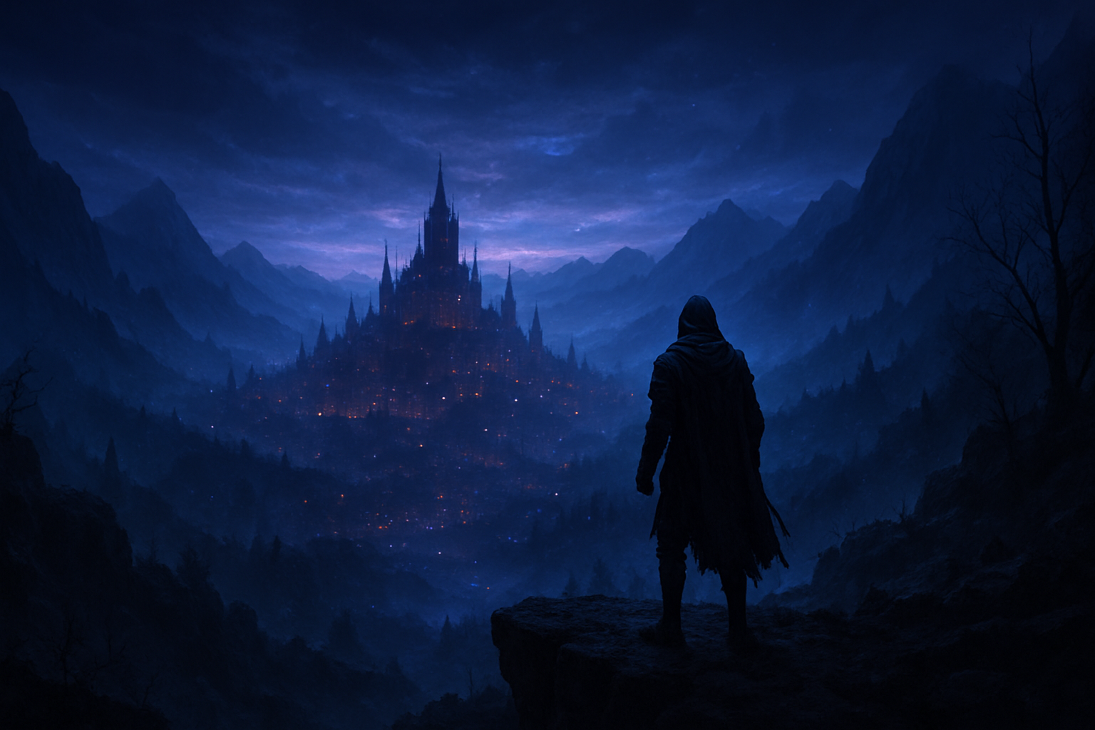 A vast fantasy world at dusk stretching toward distant mountains